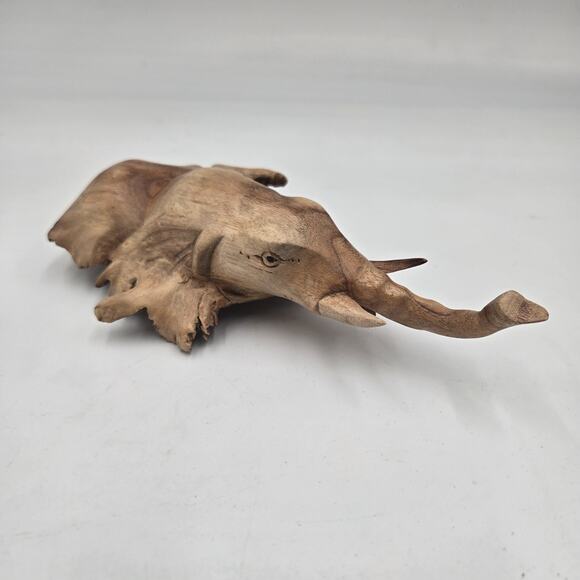 Vintage Carved Burl Wood Knot Elephant Head Art Sculpture Trunk Up Rustic - Picture 1 of 6
